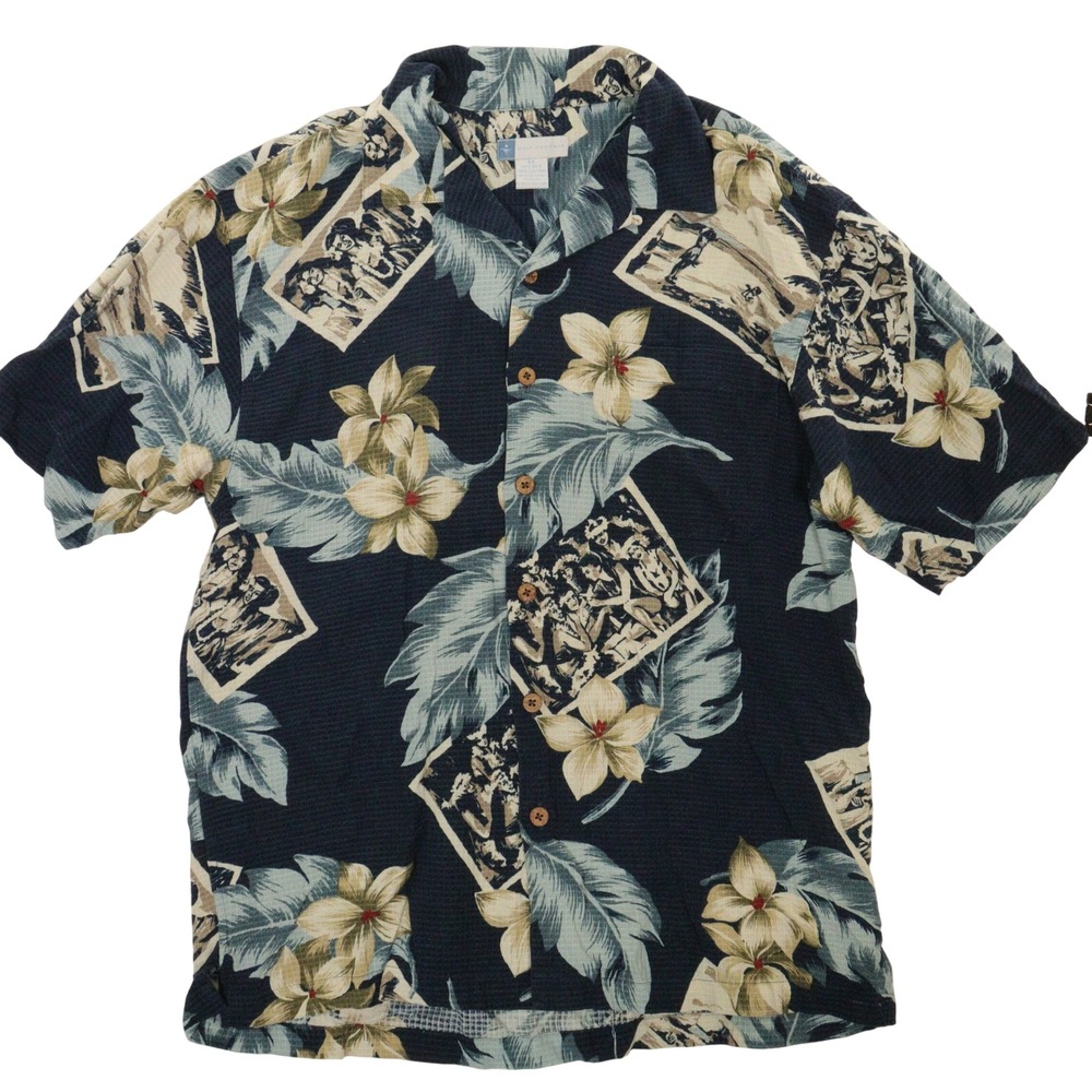 Half Moon Bay Shirt Hawaiian Hula Tropical Navy Silk Rayon Men M